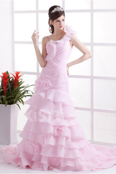 Organza One-Shoulder A-Line Dress with Ruffle Flowers