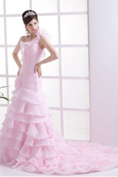 Organza One-Shoulder A-Line Dress with Ruffle Flowers