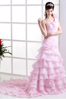 Organza One-Shoulder A-Line Dress with Ruffle Flowers