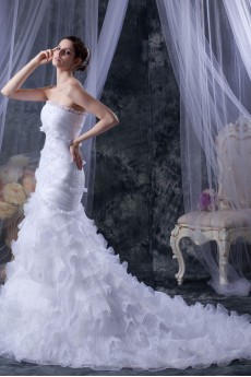 Satin and Yarn Strapless Mermaid Dress with Ruffle