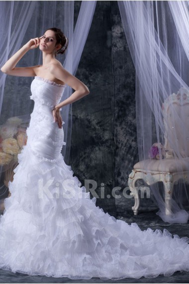 Satin and Yarn Strapless Mermaid Dress with Ruffle