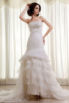 Organza and Lace Strapless Mermaid Dress with Beaded Ruffle and Embroidery