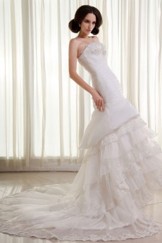 Organza and Lace Strapless Mermaid Dress with Beaded Ruffle and Embroidery