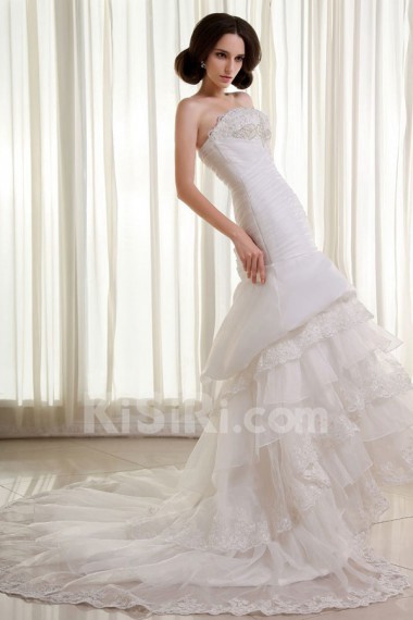 Organza and Lace Strapless Mermaid Dress with Beaded Ruffle and Embroidery