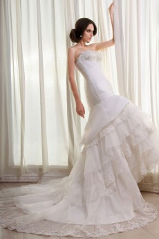 Organza and Lace Strapless Mermaid Dress with Beaded Ruffle and Embroidery