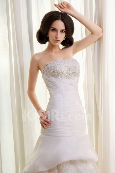 Organza and Lace Strapless Mermaid Dress with Beaded Ruffle and Embroidery