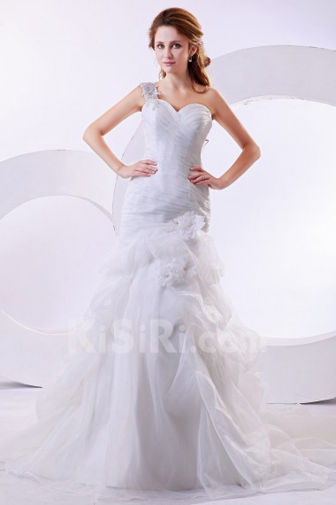 Organza One-Shoulder A-Line Dress with Rufflez and Flowers