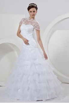 Organza and Lace High Neckline Floor Length A-Line Dress with Beaded