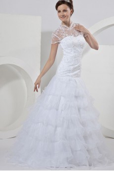 Organza and Lace High Neckline Floor Length A-Line Dress with Beaded