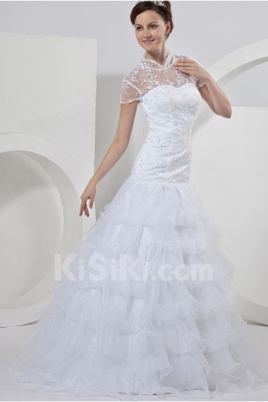 Organza and Lace High Neckline Floor Length A-Line Dress with Beaded