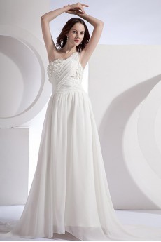 Chiffon and Satin One-Shoulder A-Line Dress with Beaded