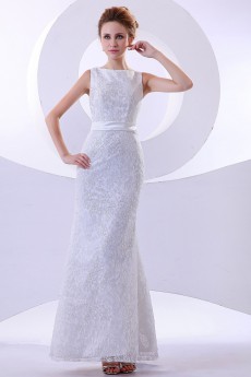 Satin Jewel Neckline Ankle-Length Sheath Dress with Embroidery