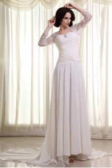 Chiffon Lace Square Neckline Column Dress with Three-quarter Sleeves