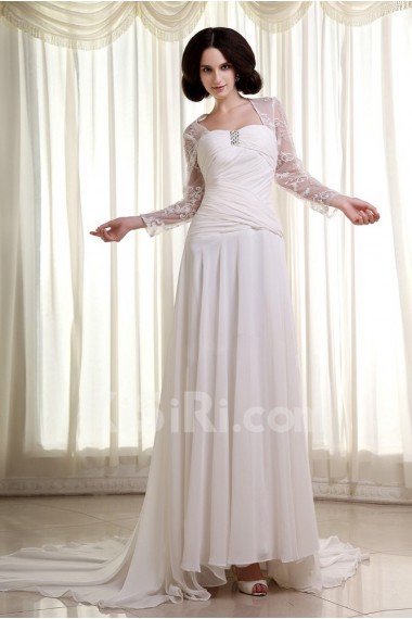 Chiffon Lace Square Neckline Column Dress with Three-quarter Sleeves