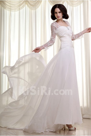 Chiffon Lace Square Neckline Column Dress with Three-quarter Sleeves