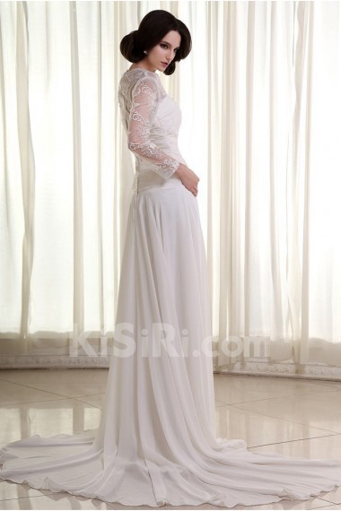 Chiffon Lace Square Neckline Column Dress with Three-quarter Sleeves