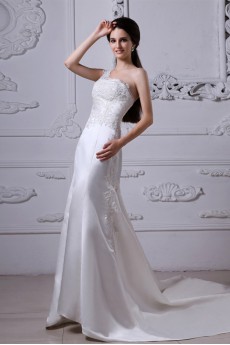 Charmeuse One-Shoulder Sheath Dress with Embroidery