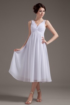 Chiffon V-Neckline Tea-Length Column Dress with Beaded