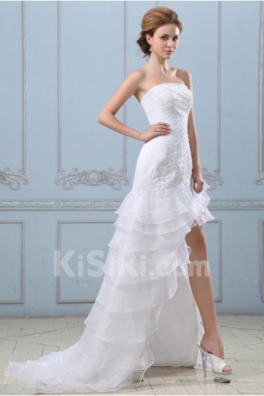Satin and Organza Strapless A-line Dress with Embroidery