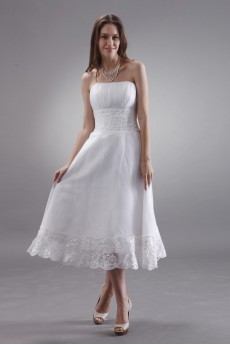 Chiffon Strapless Tea-Length A-line Dress with Embroidery