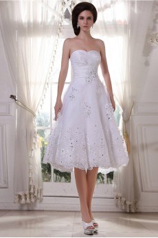 Satin and Yarn Sweetheart Tea-Length A-Line Dress with Embroidery