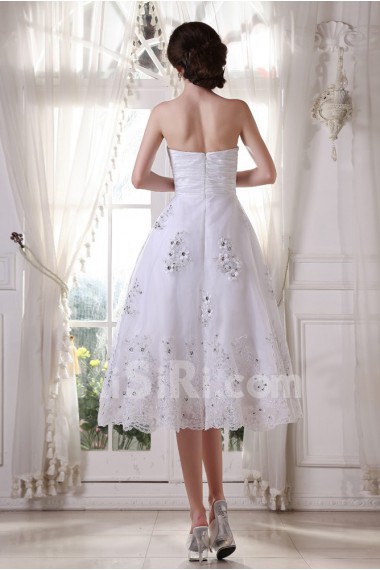 Satin and Yarn Sweetheart Tea-Length A-Line Dress with Embroidery
