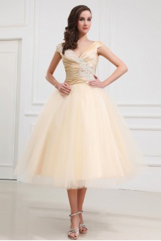 Taffeta and Yarn V-Neckline Tea-Length Ball Gown with Embroidery 