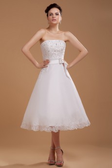 Satin and Yarn Strapless Tea-Length A-line Dress with Embroidery 