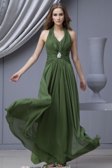 Chiffon Halter Neckline Floor Length Column Dress with Embroidery