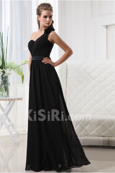 Chiffon One-Shoulder Floor Length Empire Dress with Ruffle and Flower