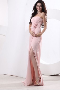 Chiffon Strapless Floor Length Column Dress with Ruffle and Flowers
