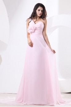 Chiffon One-Shoulder A-line Dress with Drape and Handmade Flower