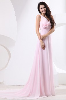 Chiffon One-Shoulder A-line Dress with Drape and Handmade Flower