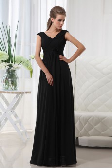 Chiffon V-Neckline Floor Length A-line Dress with Hand-made Flower