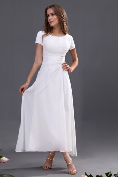 Chiffon Round Neckline Ankle-Length A-line Dress with Short Sleeves
