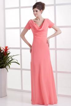 Chiffon V-Neckline Floor Length Column Dress with Short Sleeves