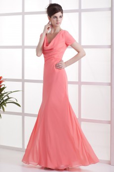 Chiffon V-Neckline Floor Length Column Dress with Short Sleeves