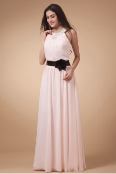 Chiffon Jewel Neckline Floor Length Column Dress with Hand-made Flower