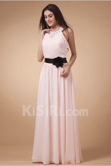 Chiffon Jewel Neckline Floor Length Column Dress with Hand-made Flower