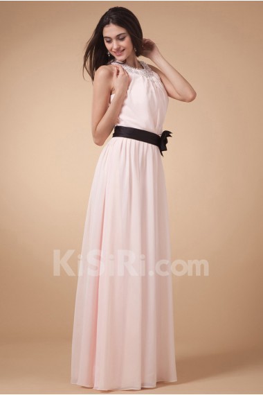 Chiffon Jewel Neckline Floor Length Column Dress with Hand-made Flower