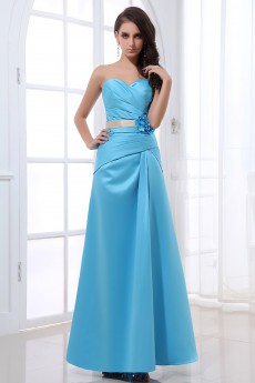 Satin Sweetheart Ankle-Length A-line Dress with Flower and Pleated