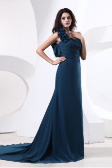 Satin and Tulle One-Shoulder A-line Dress with Manual Flowers