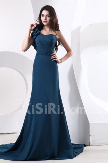 Satin and Tulle One-Shoulder A-line Dress with Manual Flowers