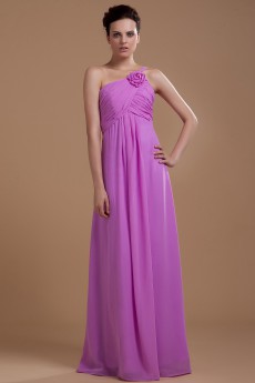 Chiffon One-Shoulder Floor Length Empire Dress with Ruffle and Flower