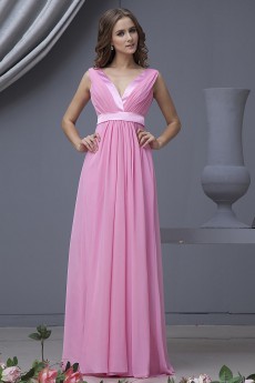 Chiffon V-Neckline Floor Length Column Dress with Ruffle