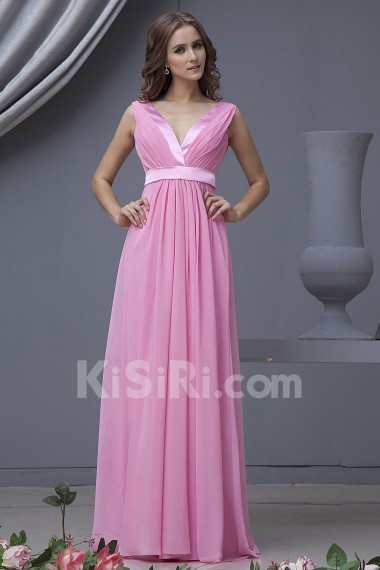 Chiffon V-Neckline Floor Length Column Dress with Ruffle