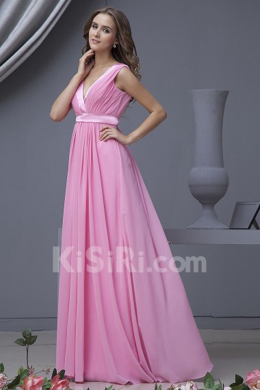 Chiffon V-Neckline Floor Length Column Dress with Ruffle