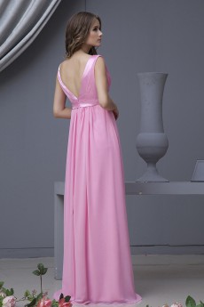 Chiffon V-Neckline Floor Length Column Dress with Ruffle