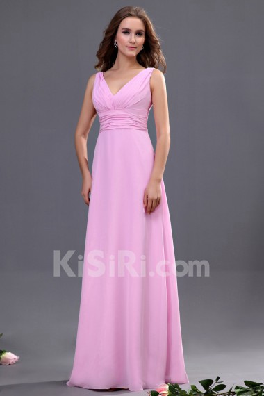 Chiffon V-Neckline Floor Length A-line Dress with Sash