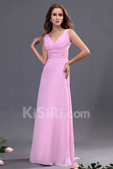 Chiffon V-Neckline Floor Length A-line Dress with Sash